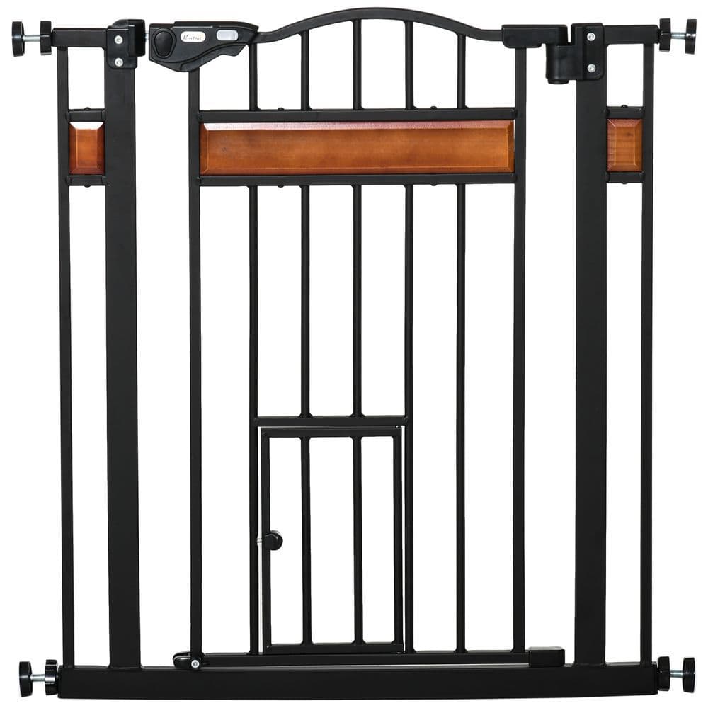 image-Dog Gate Pet Safety Gate Cat Door Auto Close Pine Decor 74-80 cm Wide Pawhut