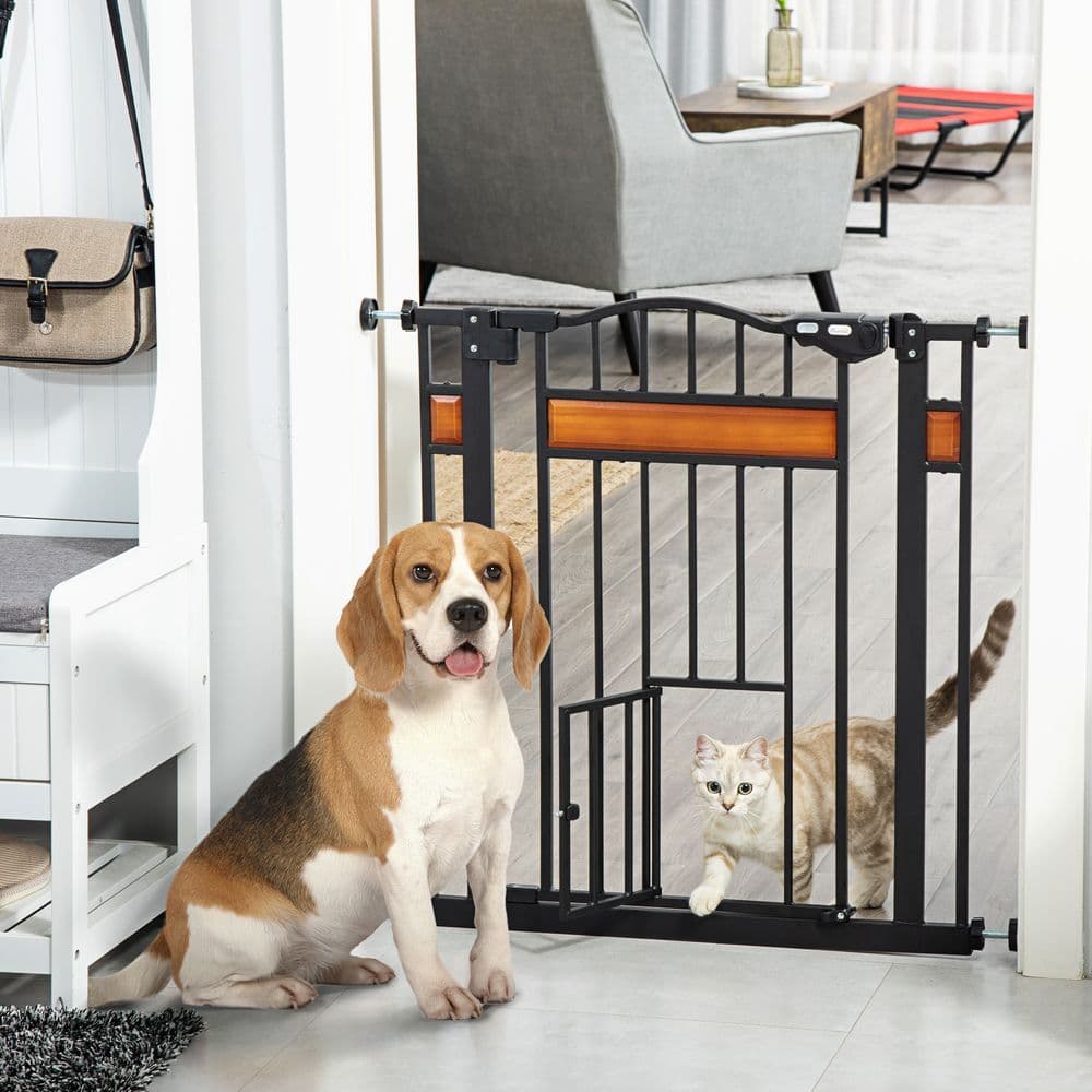 image-Dog Gate Pet Safety Gate Cat Door Auto Close Pine Decor 74-80 cm Wide Pawhut
