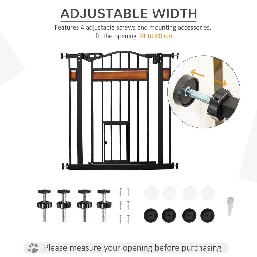 image-Dog Gate Pet Safety Gate Cat Door Auto Close Pine Decor 74-80 cm Wide Pawhut