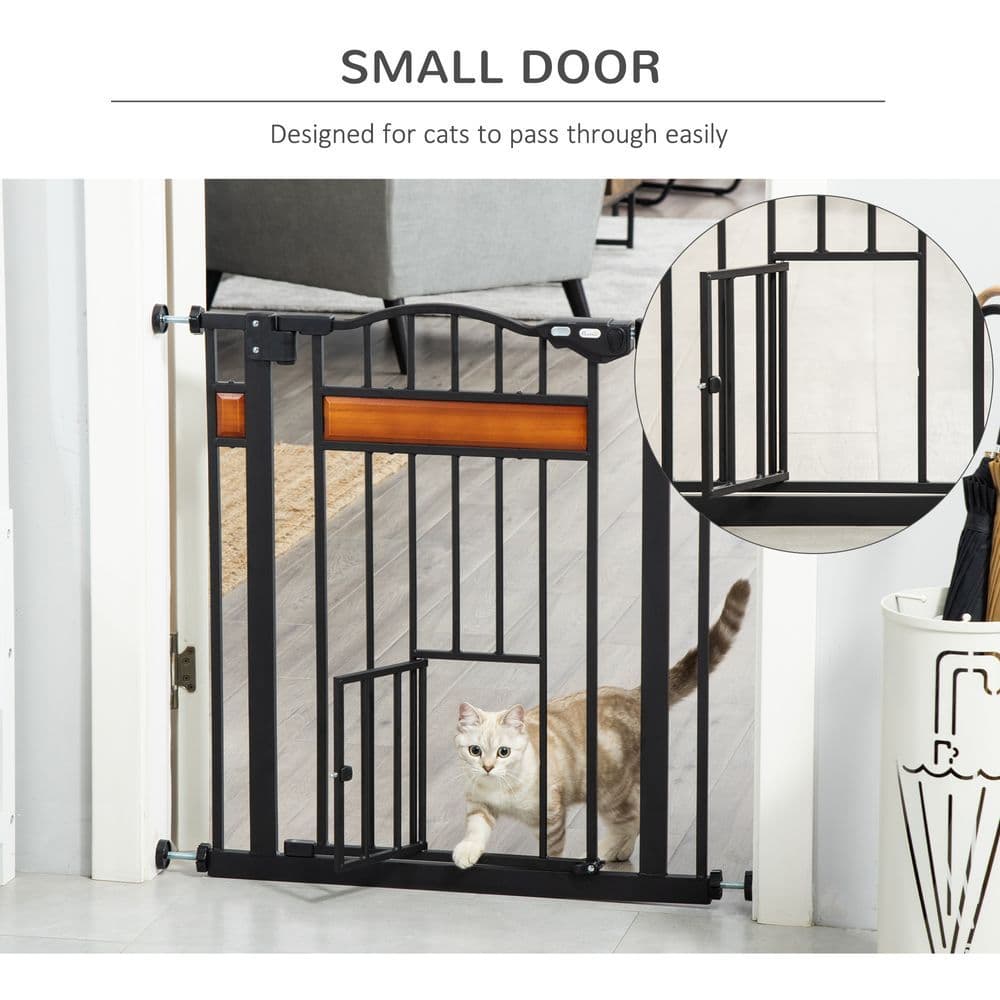 image-Dog Gate Pet Safety Gate Cat Door Auto Close Pine Decor 74-80 cm Wide Pawhut