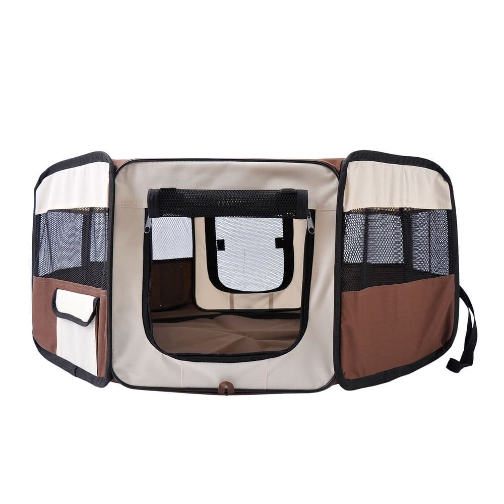 image-Fabric Pet Puppy Dog Cat Rabbit Pig Guinea Playpen Run Brown Cream M PawHut