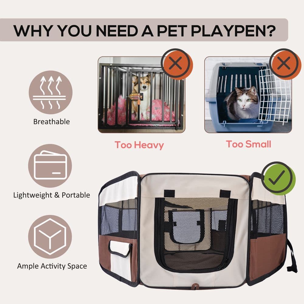 image-Fabric Pet Puppy Dog Cat Rabbit Pig Guinea Playpen Run Brown Cream M PawHut