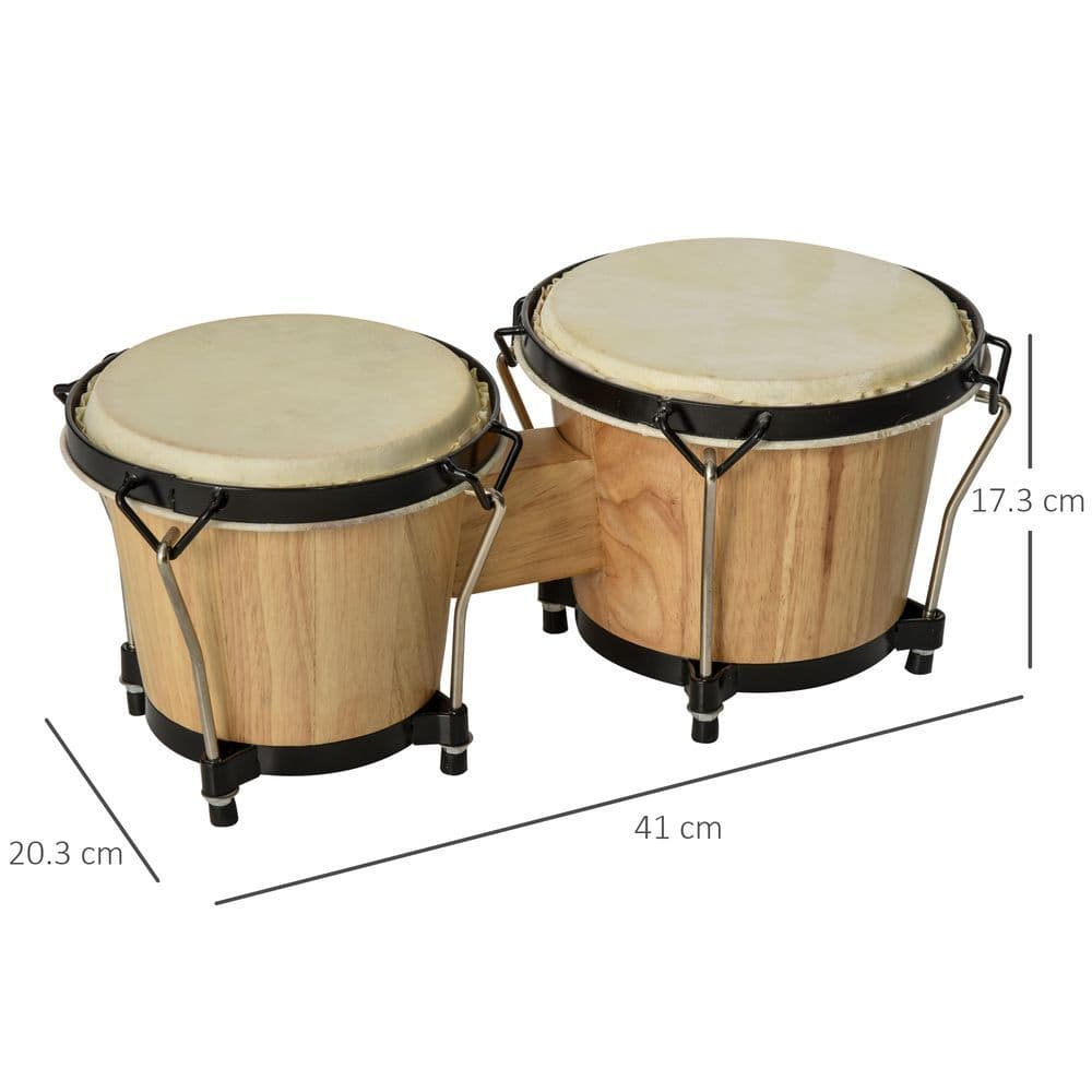 image-Wooden Bongo Drum Set w/ Sheepskin Drum Head 7.75" & 7" Tuning Wrench HOMCOM