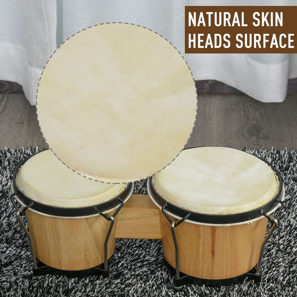 image-Wooden Bongo Drum Set w/ Sheepskin Drum Head 7.75" & 7" Tuning Wrench HOMCOM