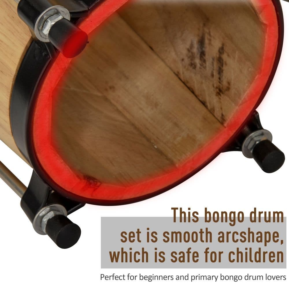 image-Wooden Bongo Drum Set w/ Sheepskin Drum Head 7.75" & 7" Tuning Wrench HOMCOM