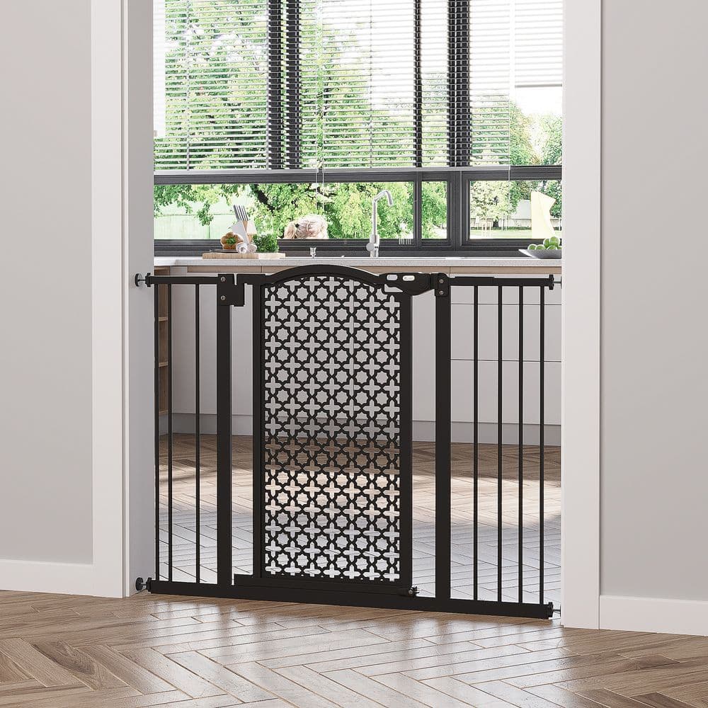 image-74-105 cm Pet Safety Gate Pressure Fit Stair with Double Locking, Black Pawhut