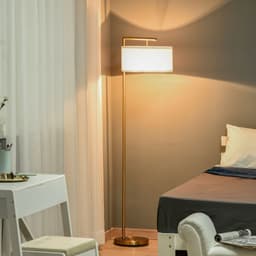image-Floor Lamp with Linen Lampshade Round Base for Living Room Bedroom HOMCOM