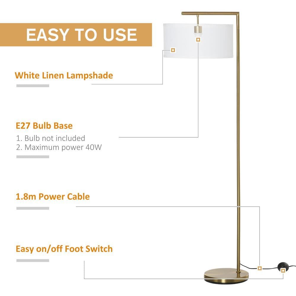 image-Floor Lamp with Linen Lampshade Round Base for Living Room Bedroom HOMCOM