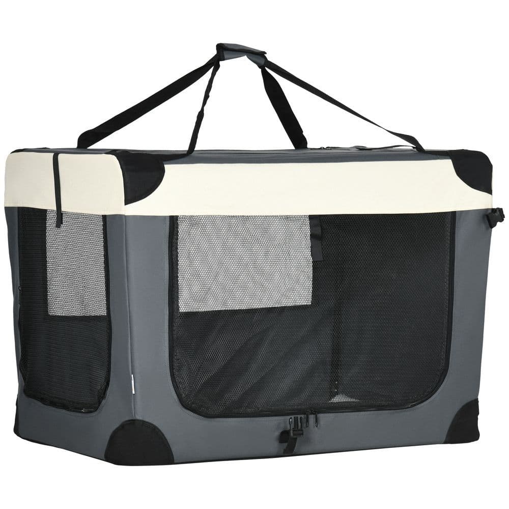image-91cm Foldable Pet Carrier w/ Cushion, for Large Dogs and Cats - Grey Pawhut