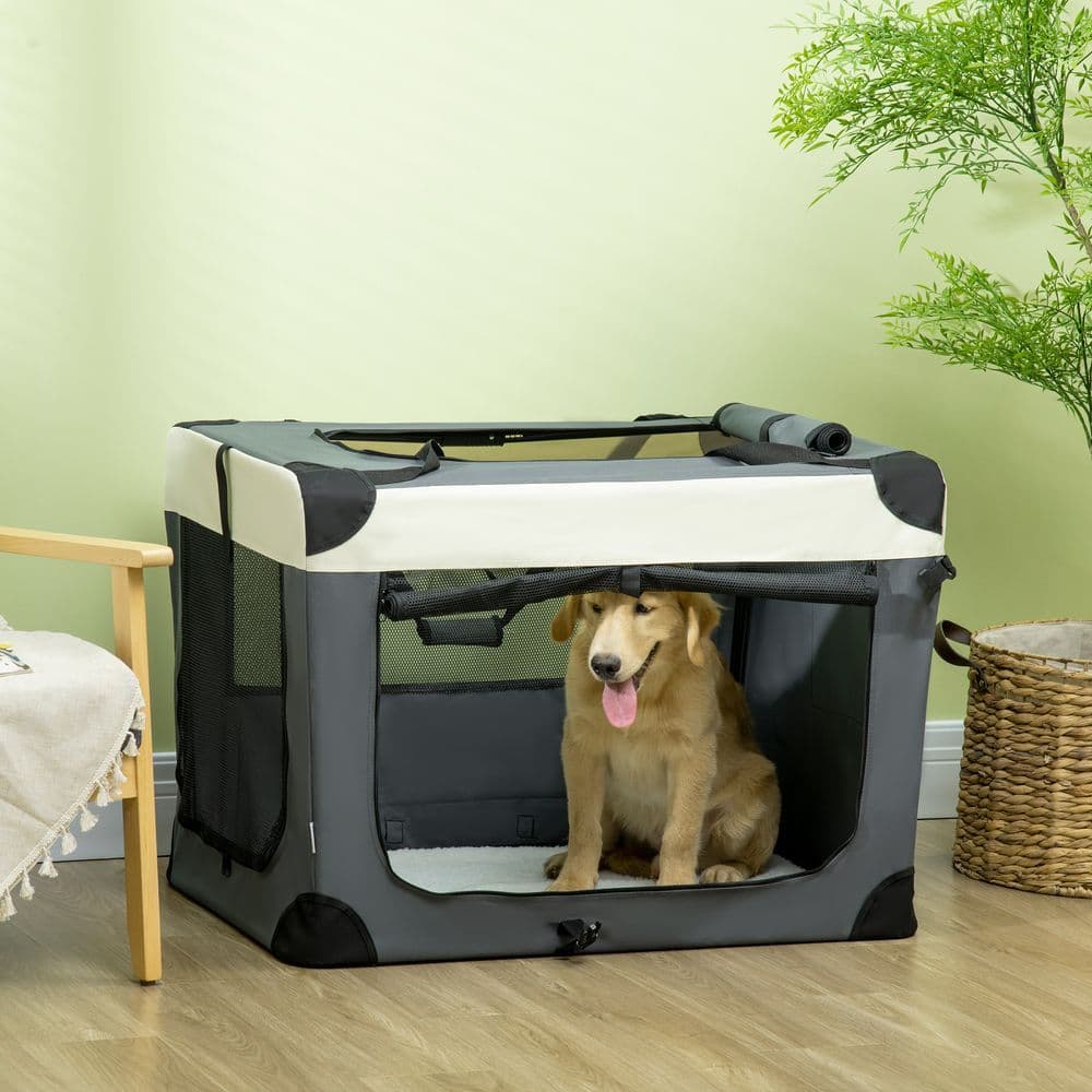 image-91cm Foldable Pet Carrier w/ Cushion, for Large Dogs and Cats - Grey Pawhut