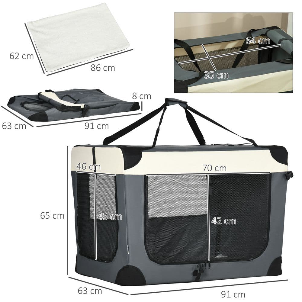 image-91cm Foldable Pet Carrier w/ Cushion, for Large Dogs and Cats - Grey Pawhut