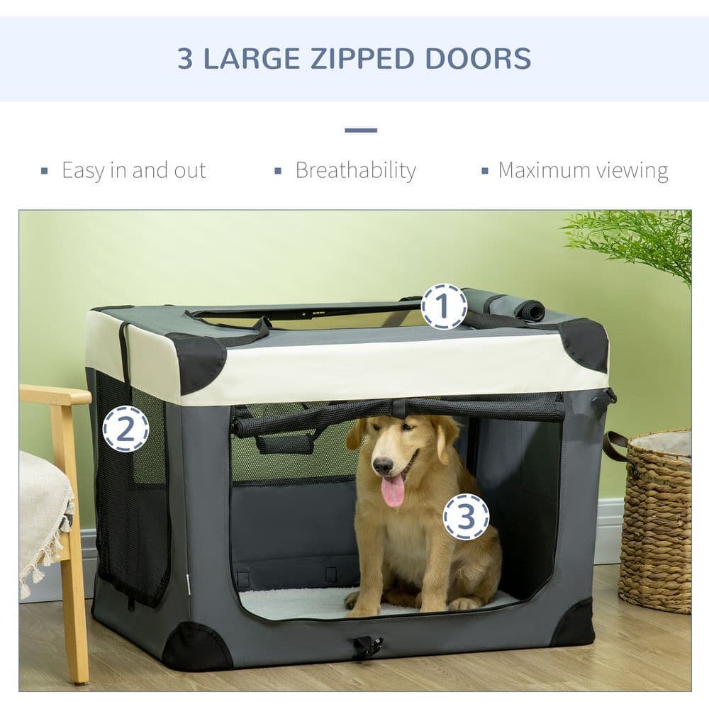 image-91cm Foldable Pet Carrier w/ Cushion, for Large Dogs and Cats - Grey Pawhut