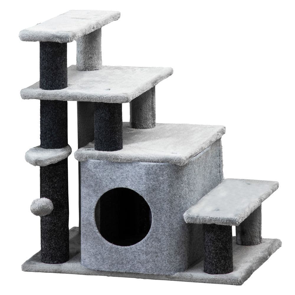 image-Cat Steps for Bed, Sofa Adjustable Height w/ Hanging Ball - Grey Pawhut