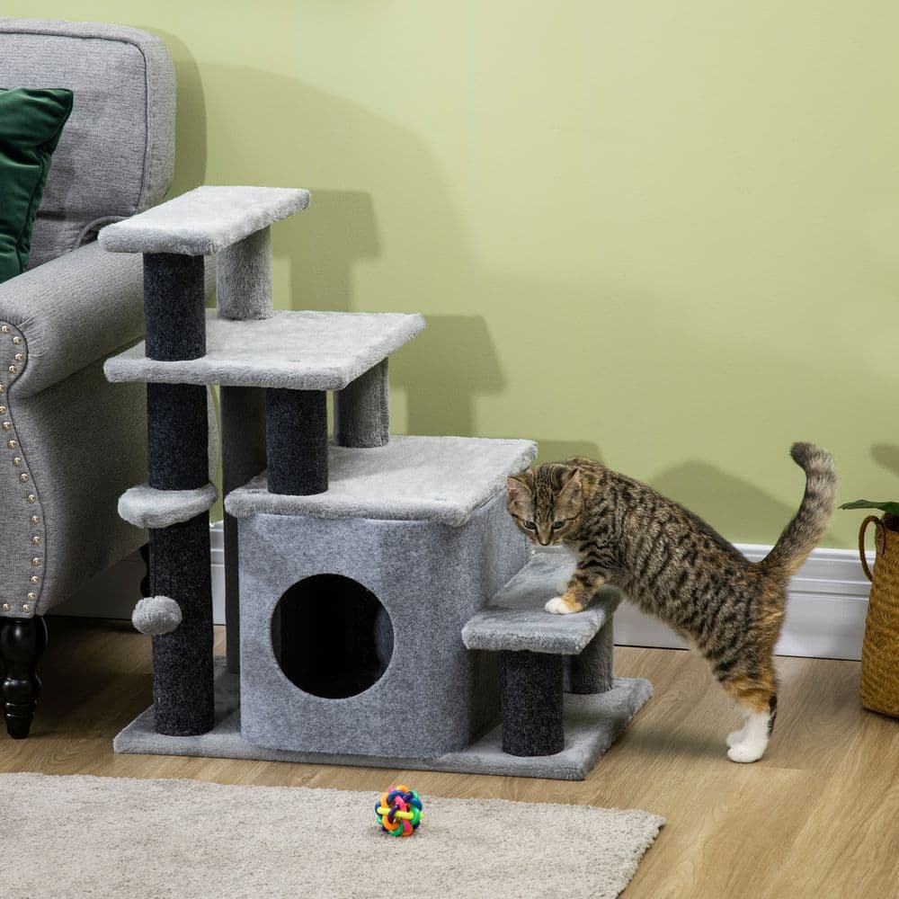 image-Cat Steps for Bed, Sofa Adjustable Height w/ Hanging Ball - Grey Pawhut
