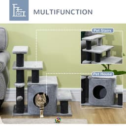 image-Cat Steps for Bed, Sofa Adjustable Height w/ Hanging Ball - Grey Pawhut