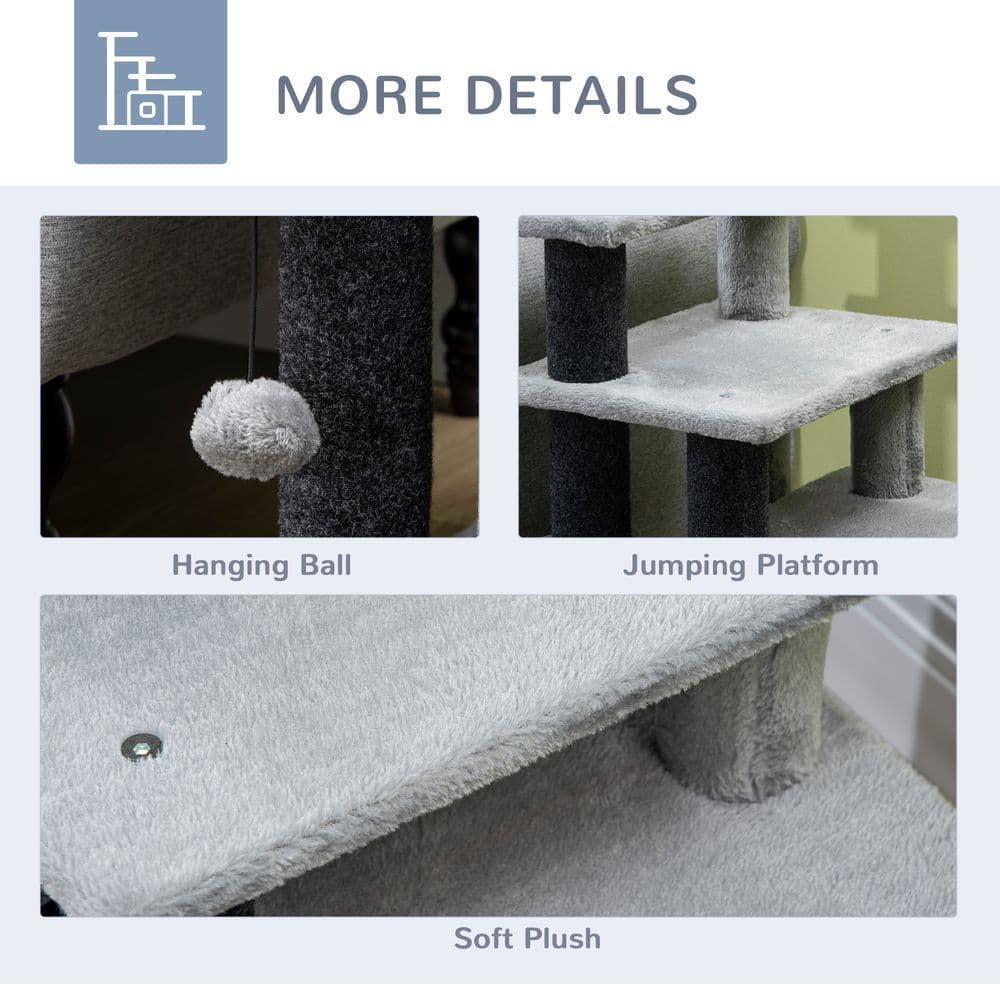 image-Cat Steps for Bed, Sofa Adjustable Height w/ Hanging Ball - Grey Pawhut