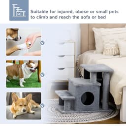 image-Cat Steps for Bed, Sofa Adjustable Height w/ Hanging Ball - Grey Pawhut
