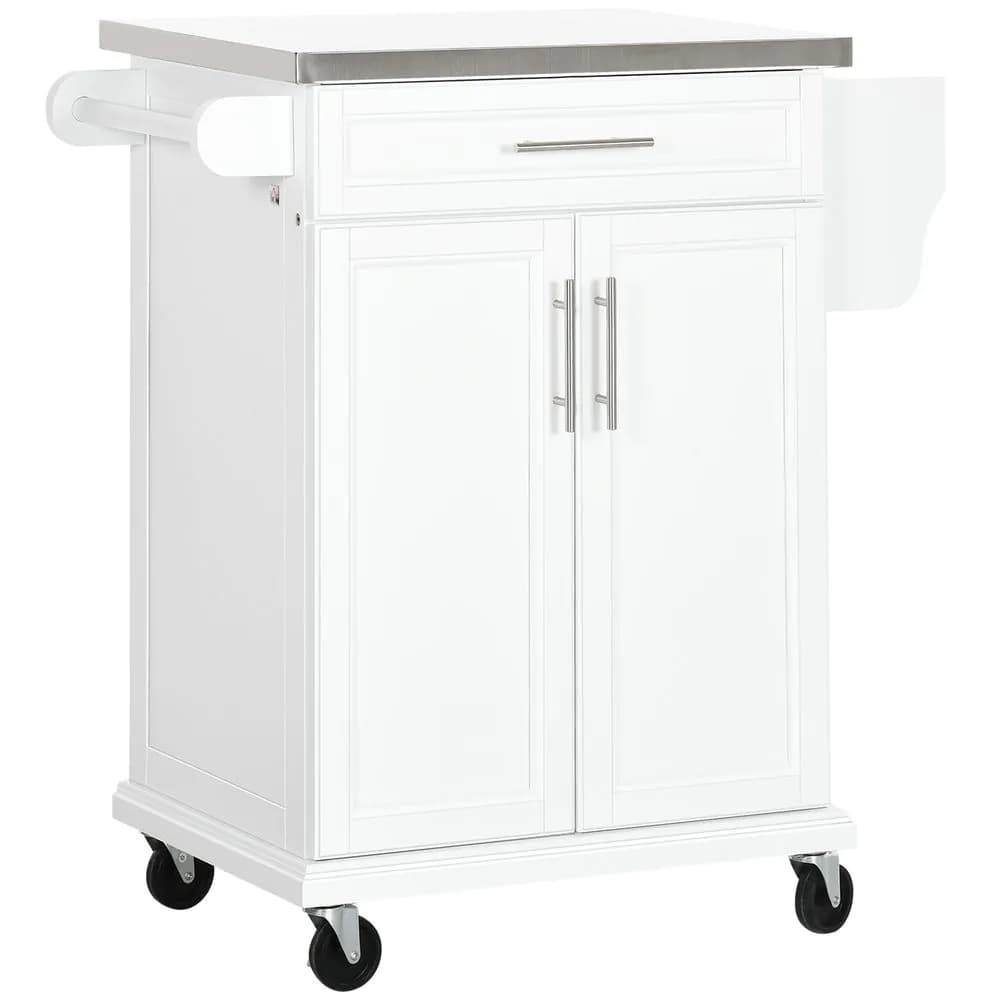 image-Rolling Kitchen Cart Storage Trolley with Drawer Towel Rail Steel White