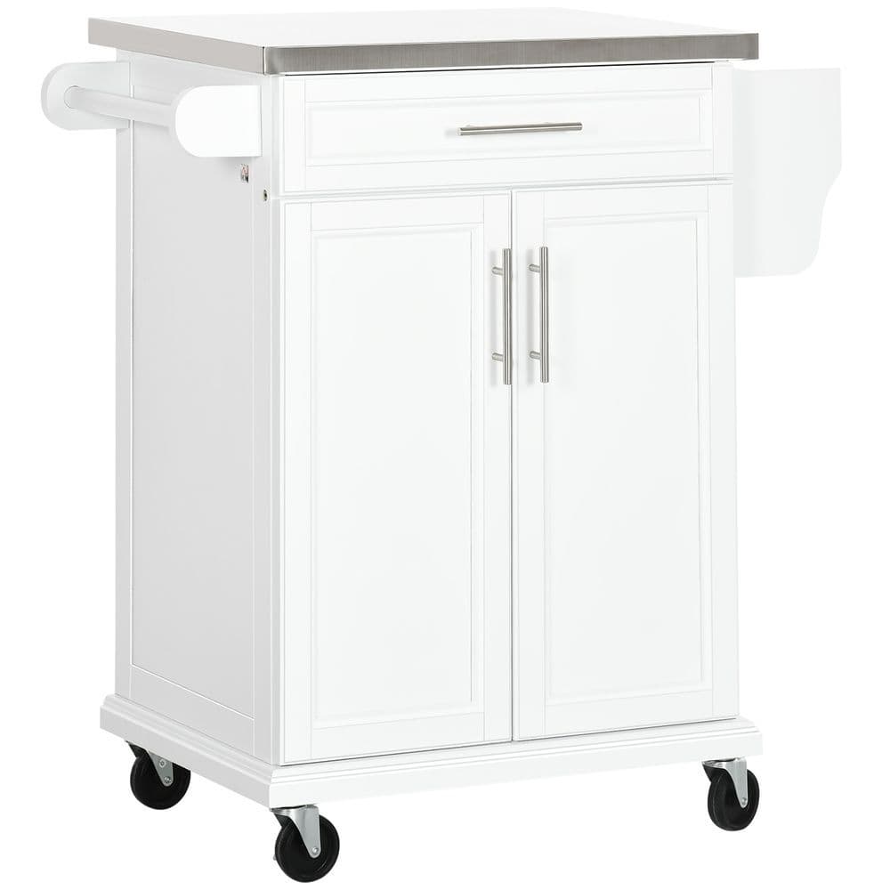 image-Rolling Kitchen Cart Storage Trolley with Drawer Towel Rail Steel White