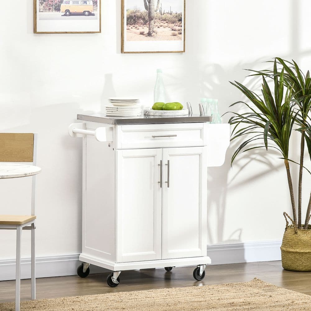 image-Rolling Kitchen Cart Storage Trolley with Drawer Towel Rail Steel White