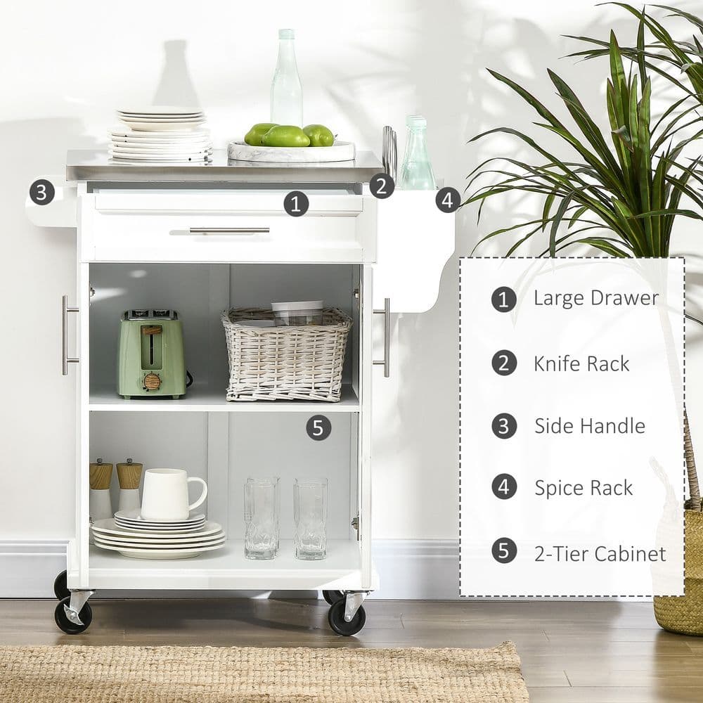 image-Rolling Kitchen Cart Storage Trolley with Drawer Towel Rail Steel White