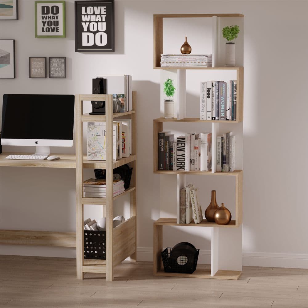 image-5-tier Display Shelving Storage Bookcase S Shape design Unit Natural