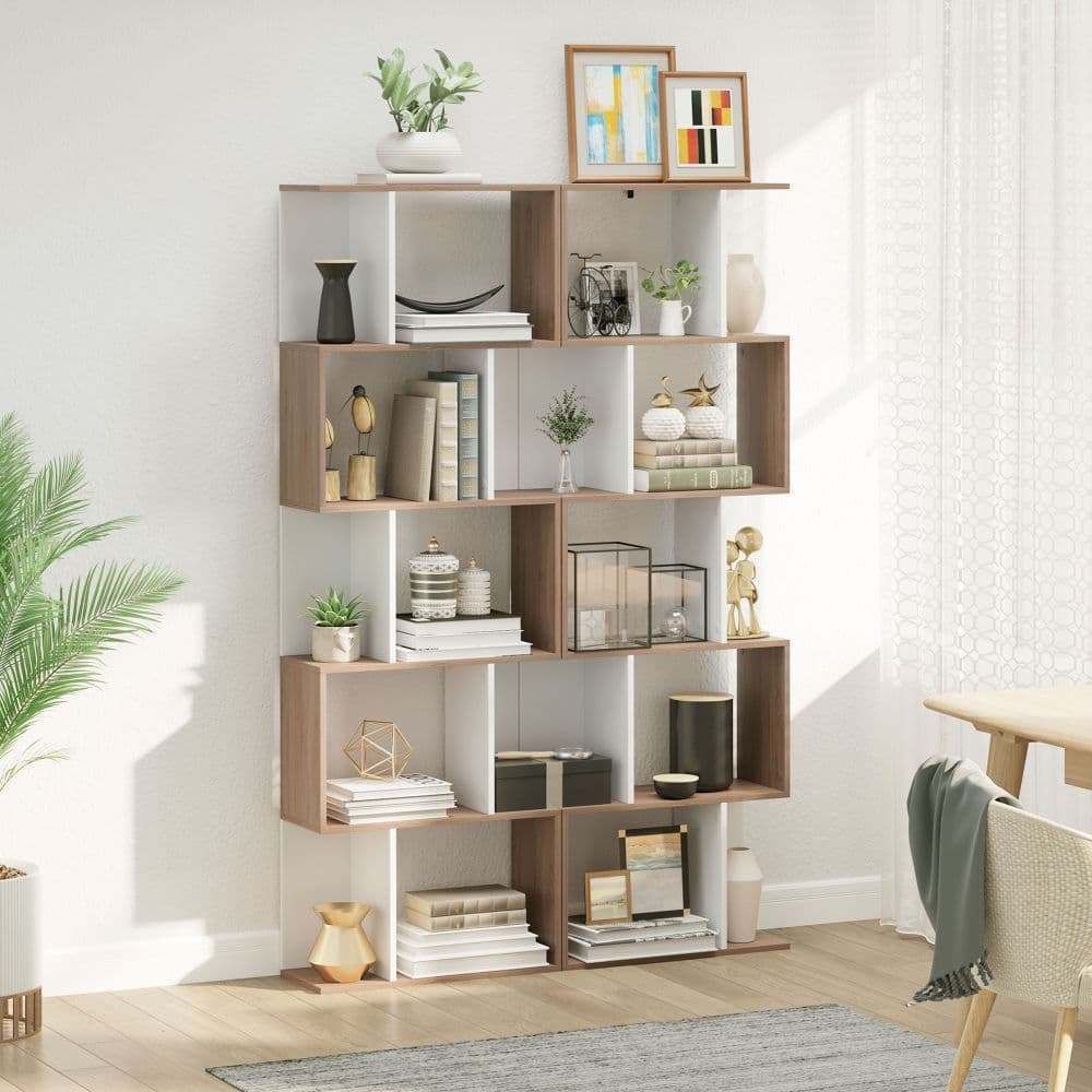 image-5-tier Display Shelving Storage Bookcase S Shape design Unit Natural