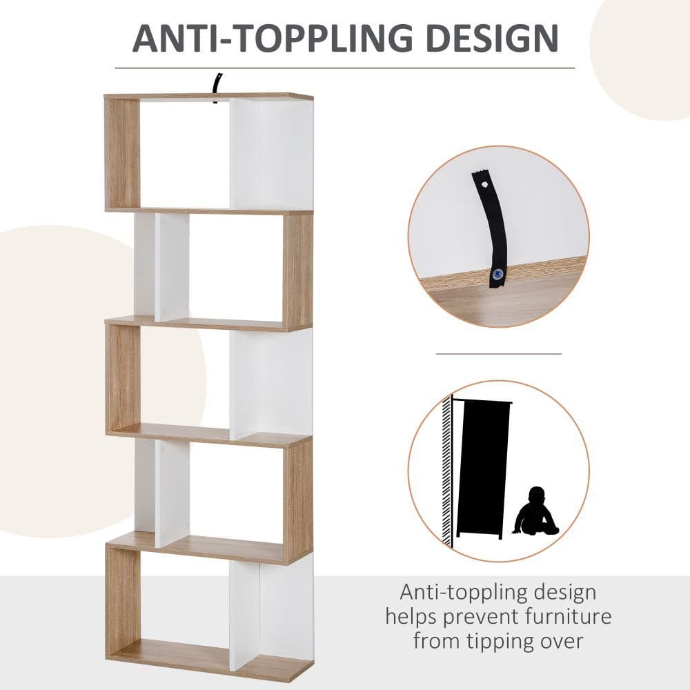 image-5-tier Display Shelving Storage Bookcase S Shape design Unit Natural