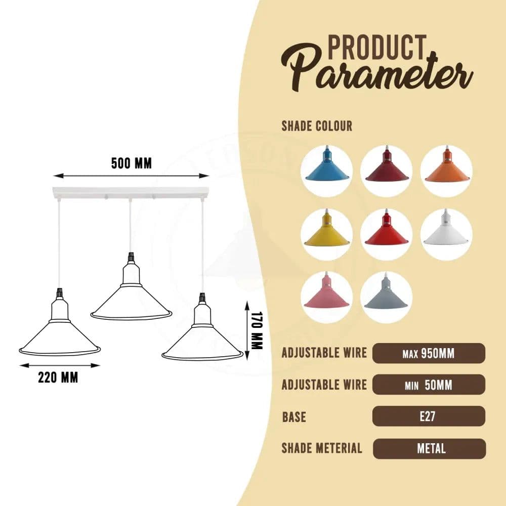image-Industrial Vintage Loft Kitchen Bar 3 Lights Fittings Ceiling Cone Metal E27
