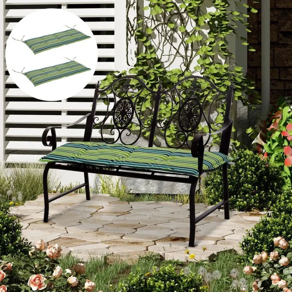 image-2 PCS Patio Bench Swing Chairs Garden Chairs 2 Seat Cushion Mat Strips Green