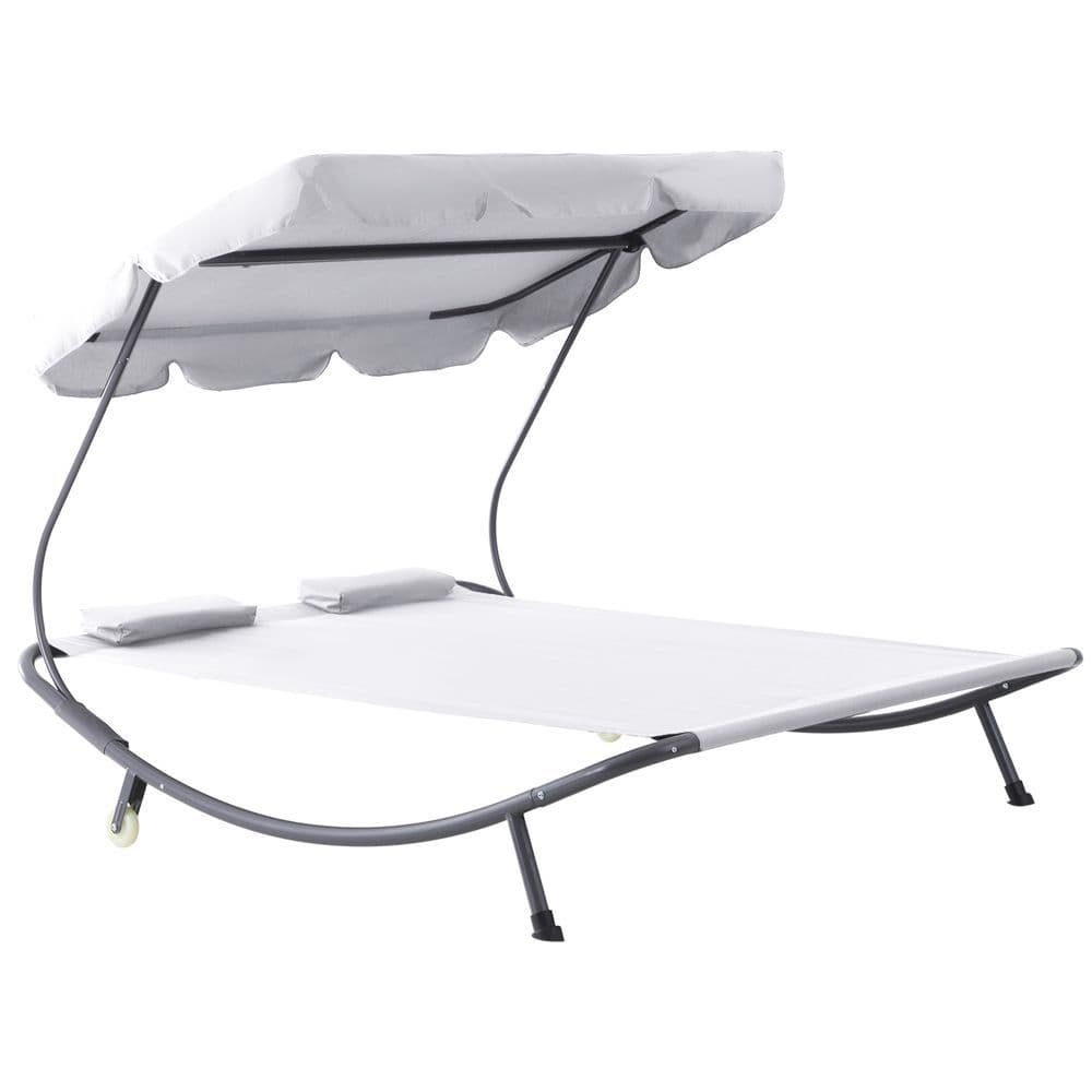 image-Double Hammock Sun Lounger Bed Canopy Shelter Wheels 2 Pillows Cream White