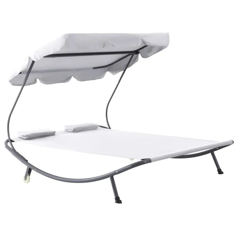 image-Double Hammock Sun Lounger Bed Canopy Shelter Wheels 2 Pillows Cream White