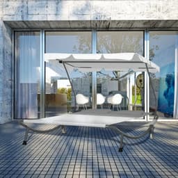 image-Double Hammock Sun Lounger Bed Canopy Shelter Wheels 2 Pillows Cream White