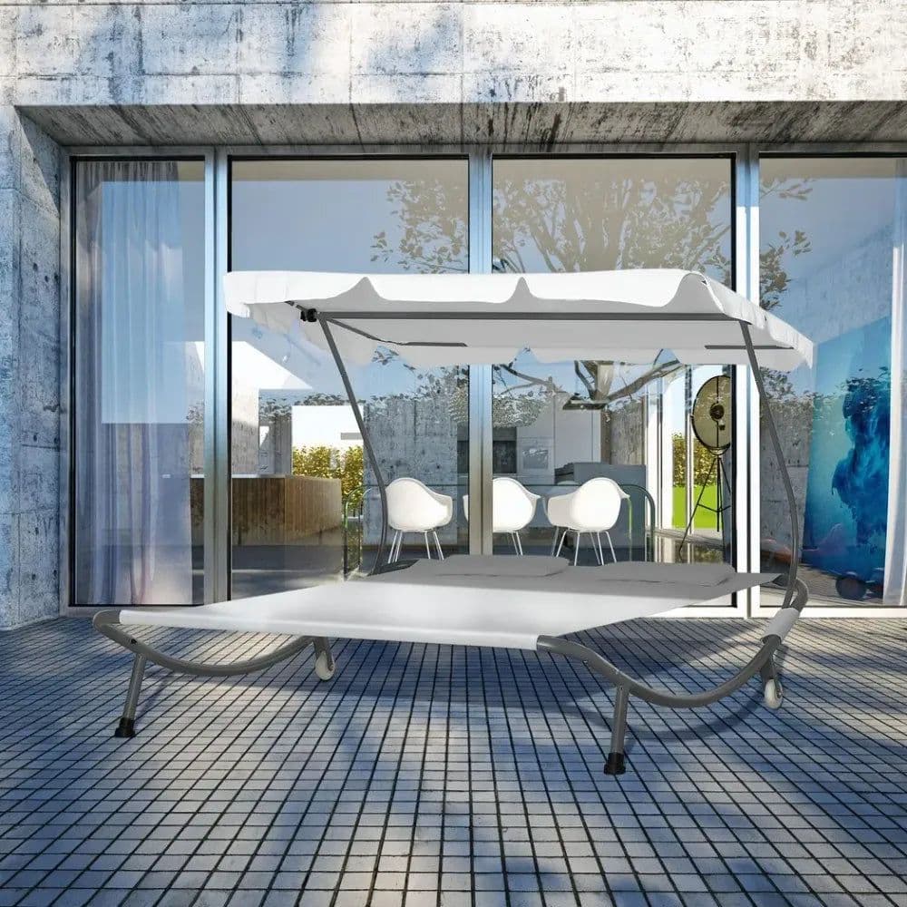 image-Double Hammock Sun Lounger Bed Canopy Shelter Wheels 2 Pillows Cream White