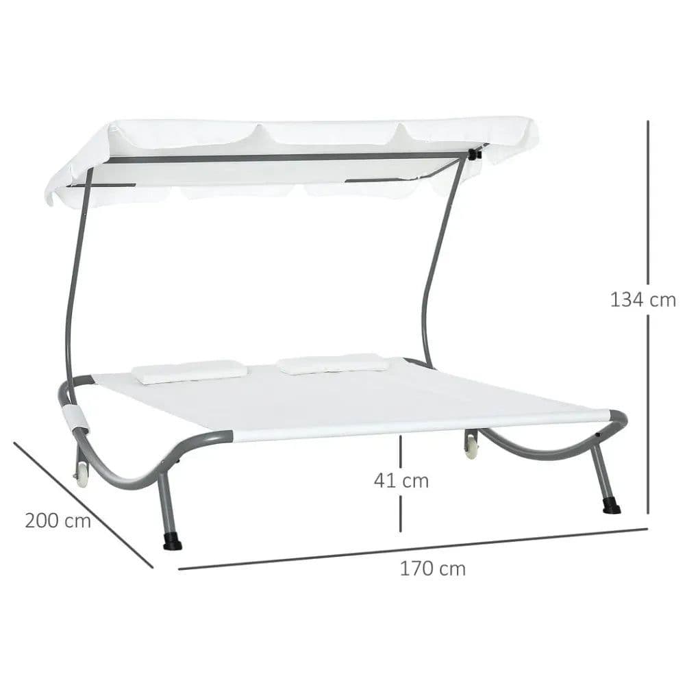 image-Double Hammock Sun Lounger Bed Canopy Shelter Wheels 2 Pillows Cream White