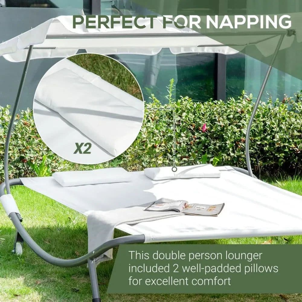 image-Double Hammock Sun Lounger Bed Canopy Shelter Wheels 2 Pillows Cream White