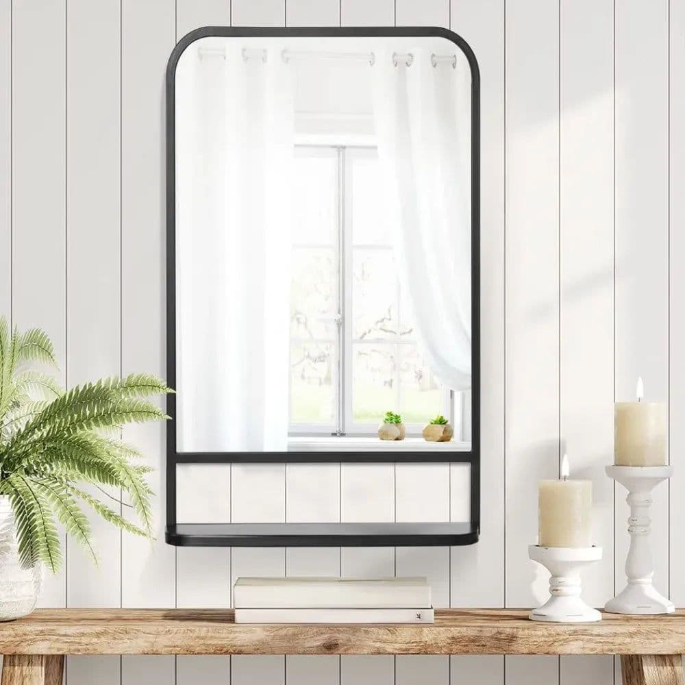 image-Square Wall Mirror with Shelf, 86x53 cm Modern Mirrors for Living Room, Bedroom