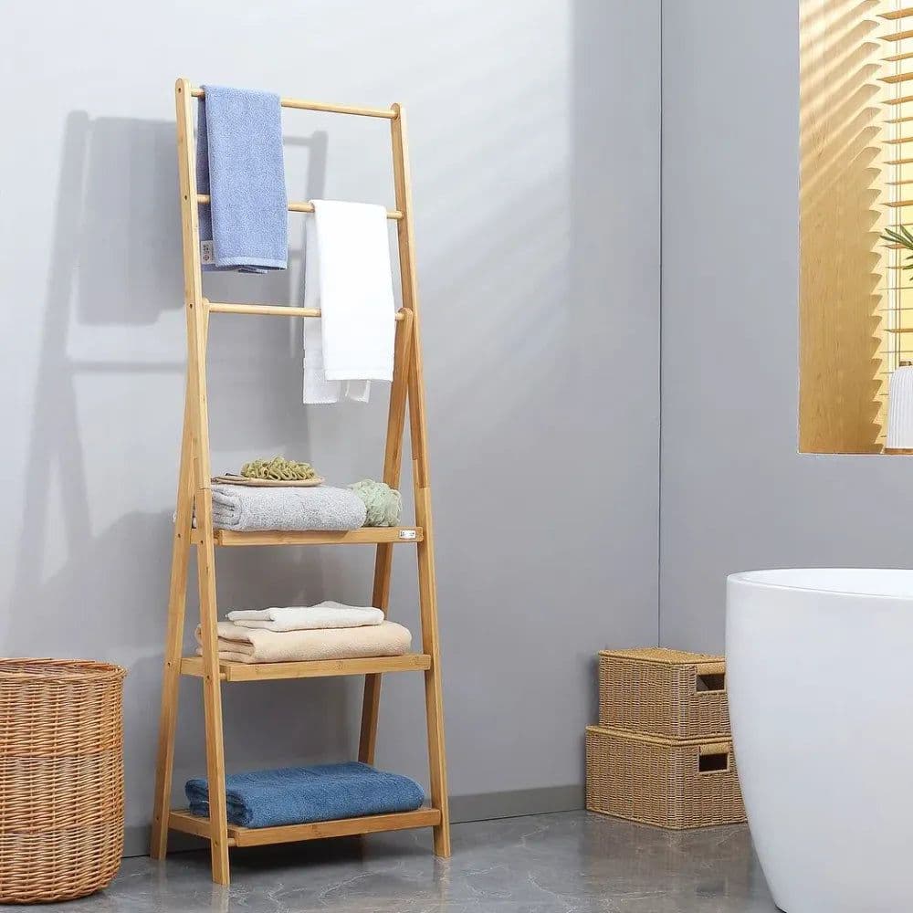 image-Freestanding Foldable Bamboo Towel Rack with 3 Bars and Shelves for Bathroom