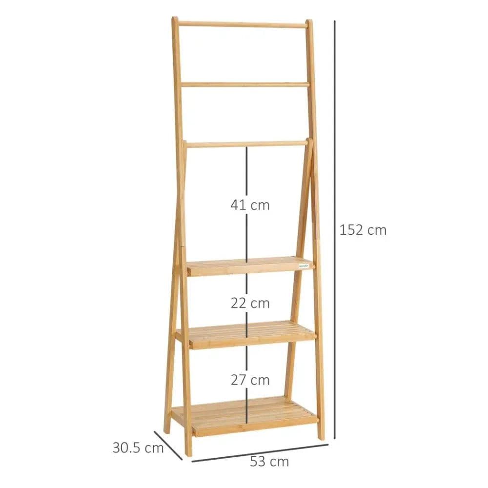 image-Freestanding Foldable Bamboo Towel Rack with 3 Bars and Shelves for Bathroom