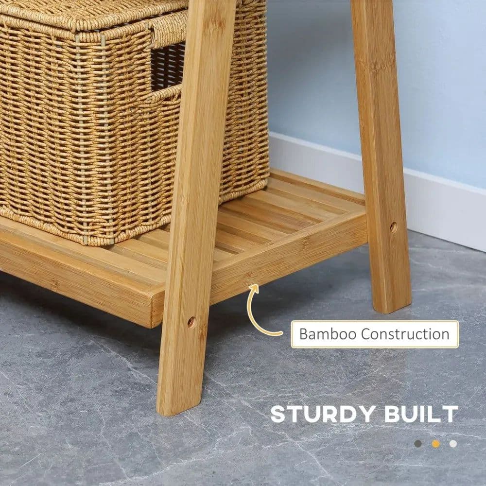 image-Freestanding Foldable Bamboo Towel Rack with 3 Bars and Shelves for Bathroom