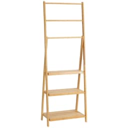 image-Freestanding Foldable Bamboo Towel Rack with 3 Bars and Shelves for Bathroom