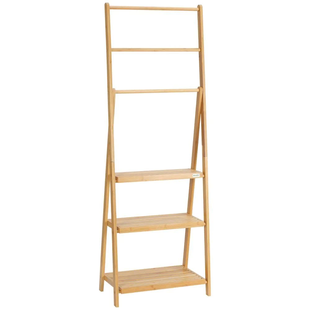 image-Freestanding Foldable Bamboo Towel Rack with 3 Bars and Shelves for Bathroom