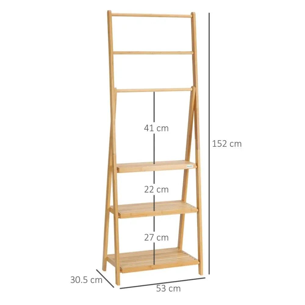 image-Freestanding Foldable Bamboo Towel Rack with 3 Bars and Shelves for Bathroom