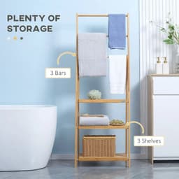image-Freestanding Foldable Bamboo Towel Rack with 3 Bars and Shelves for Bathroom