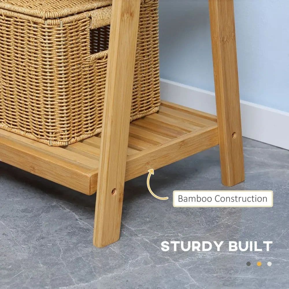image-Freestanding Foldable Bamboo Towel Rack with 3 Bars and Shelves for Bathroom