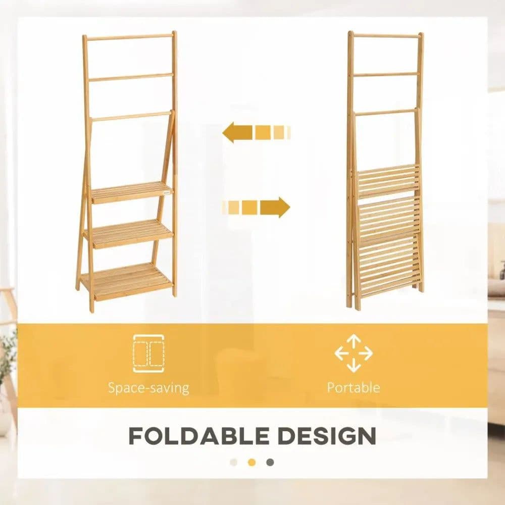 image-Freestanding Foldable Bamboo Towel Rack with 3 Bars and Shelves for Bathroom
