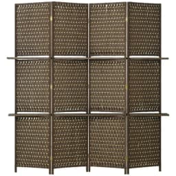 image-4-Panel Folding Wall Divider Room w/ Shelves, Privacy Screen Panels, Brown