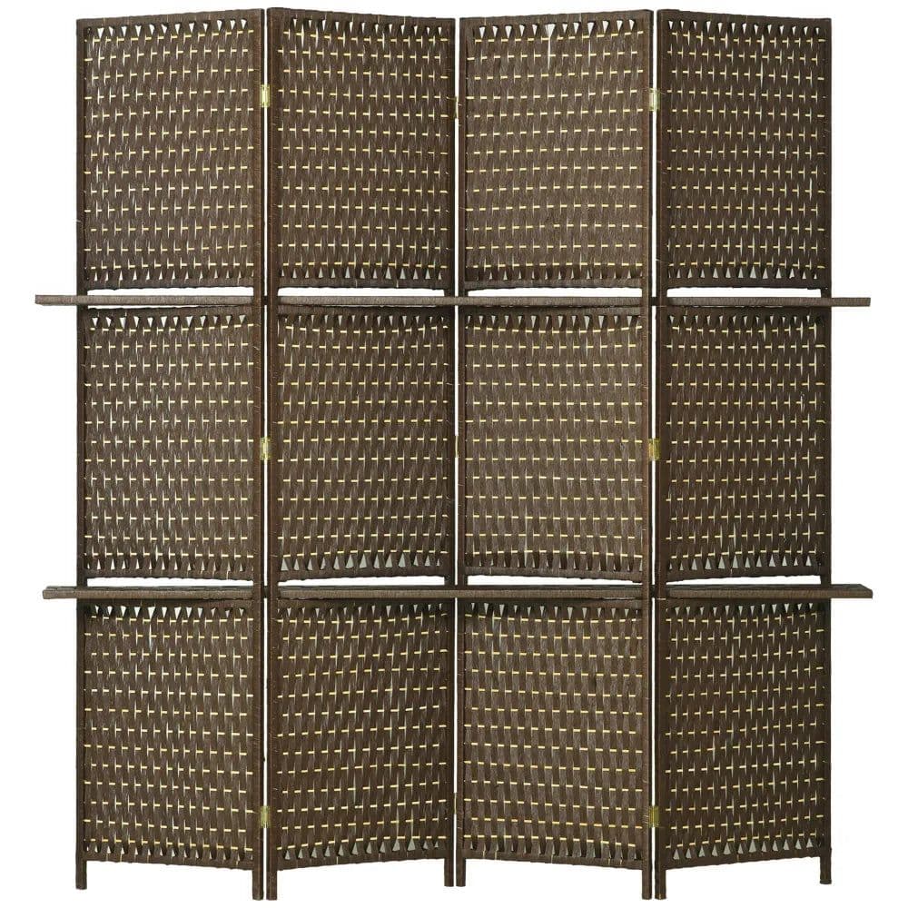 image-4-Panel Folding Wall Divider Room w/ Shelves, Privacy Screen Panels, Brown