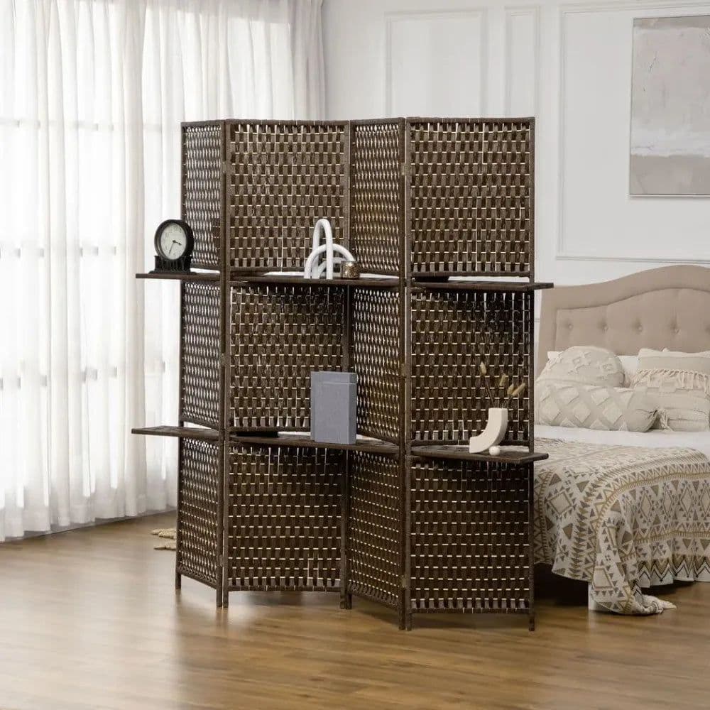image-4-Panel Folding Wall Divider Room w/ Shelves, Privacy Screen Panels, Brown