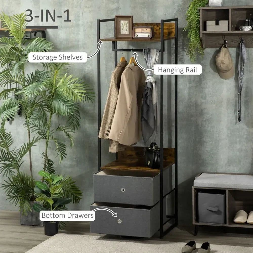image-Industrial Clothes Rail Garment Rack with 2 Fabric Drawers Rustic Brown